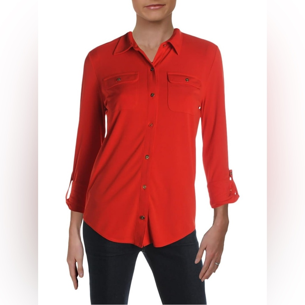 Lauren Ralph Lauren Long Roll Tab Sleeve Gold Button Down Shirt XL Red Stretch